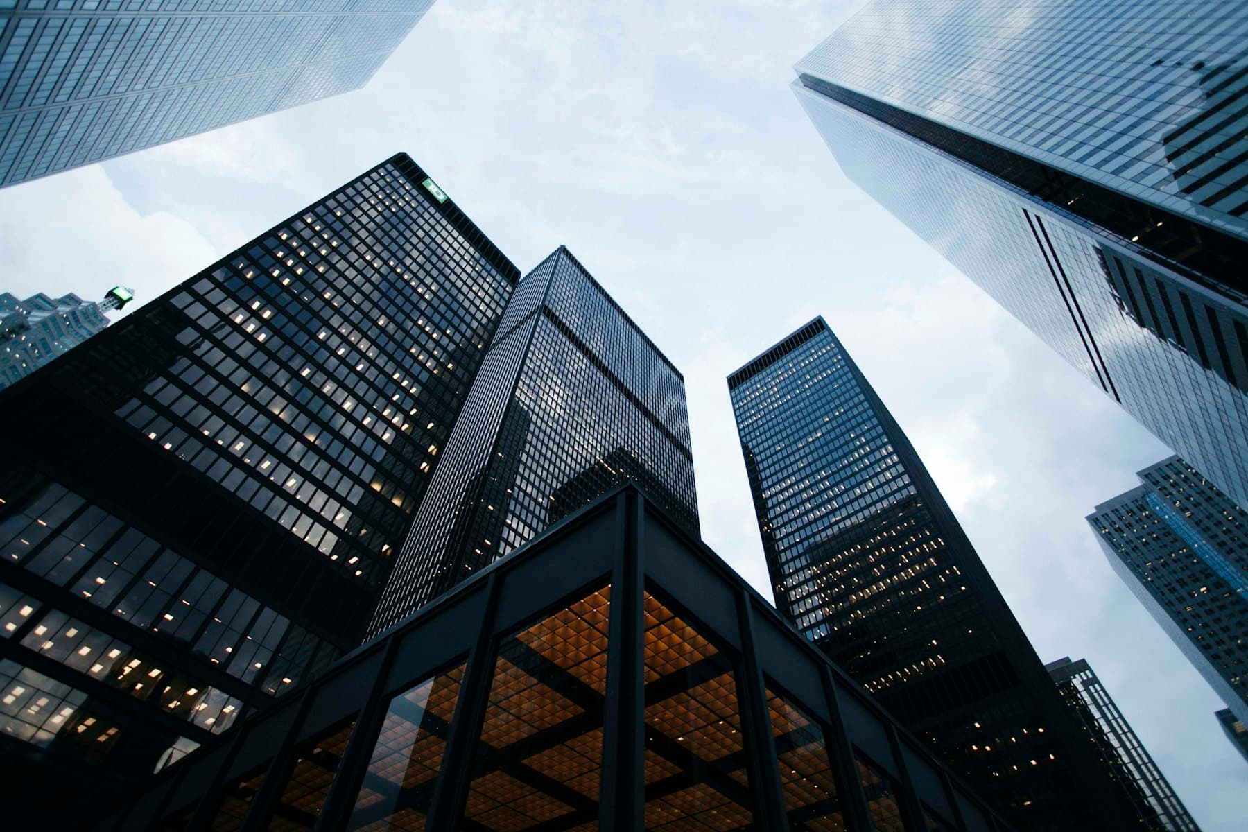 Financial district towers seen from street level